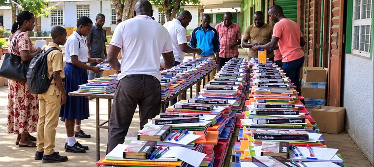 Distribution des kits scolaires, du 7 au 9 septembre 2026 : cahiers et fournitures remis aux élèves, sur le parvis de l'établissement.