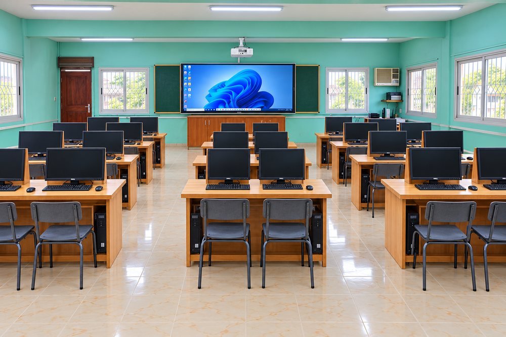 La salle d'informatique de l'ISCA, postes informatiques et écran de projection.